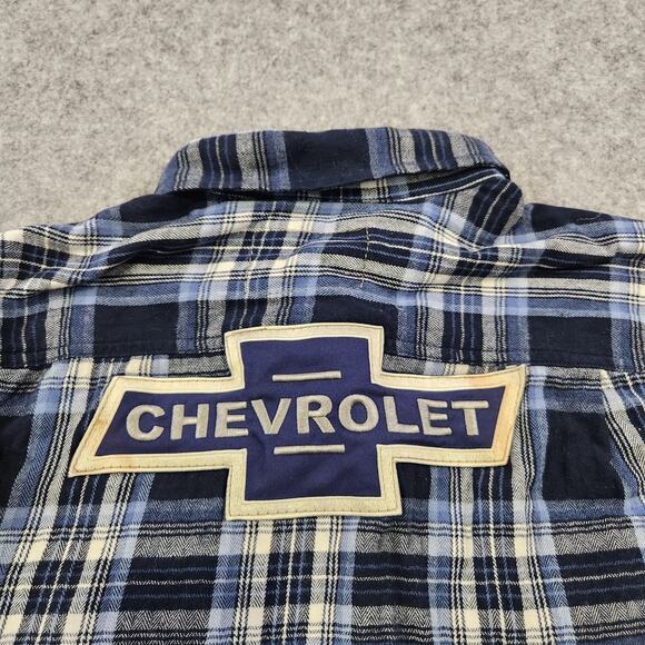 VTG Chevrolet Shirt Mens Large Blue Plaid Flannel Embroiderd Patch Racing USA - Picture 5 of 14